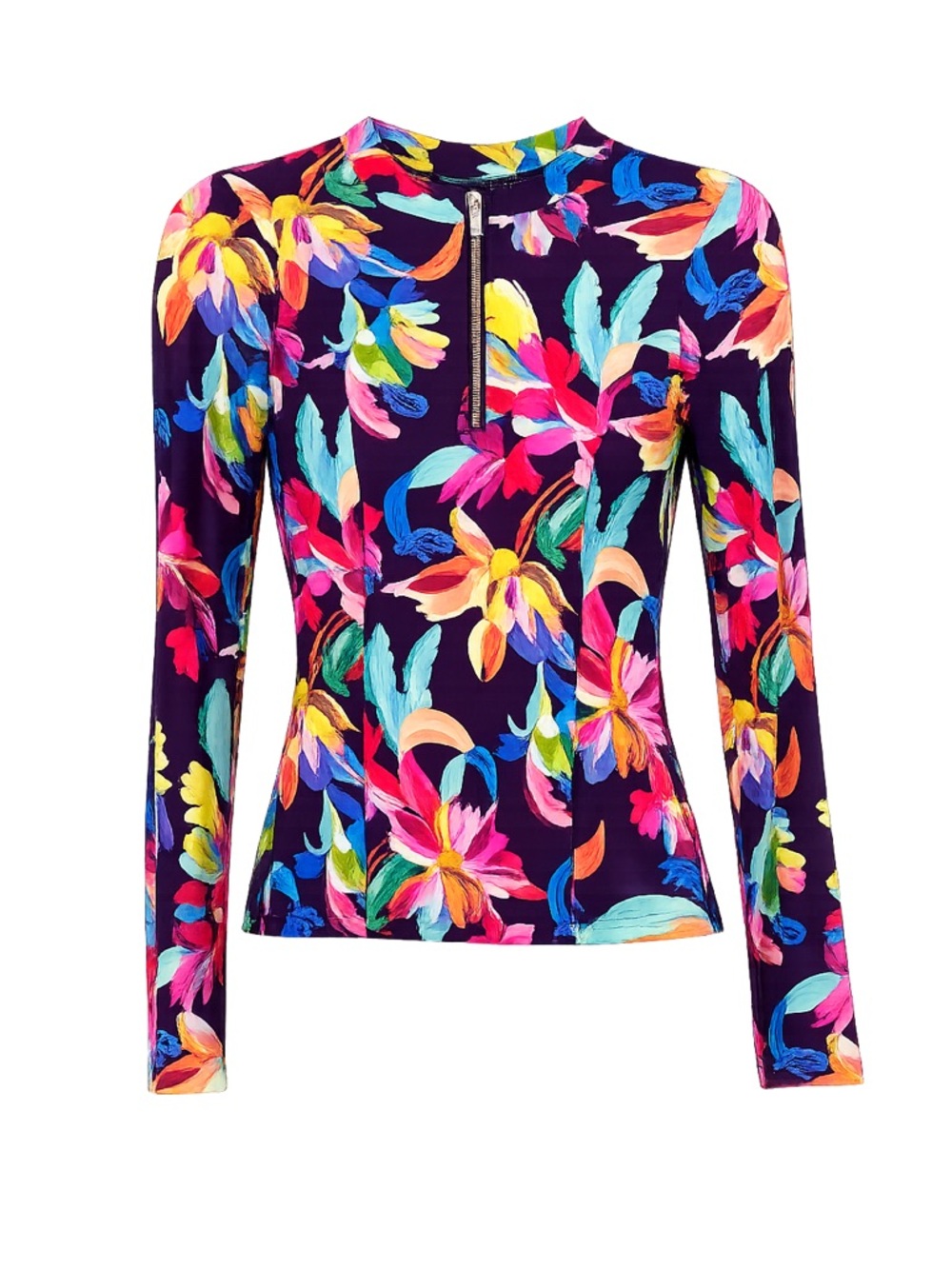 La Blanca Tropical Floral Zip Front Long Sleeve Swim Top Rash Guard
